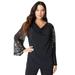 Plus Size Women's Ultrasmooth® Fabric Embellished Bell-Sleeve Blouse by Roaman's in Black Damask Sequin (Size 26/28)