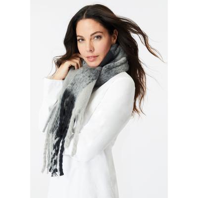 Plus Size Women's Fringed Plaid Scarf by Roaman's in Black White Plaid