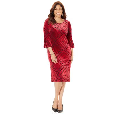 Plus Size Women's AnyWear Velvet Burnout Bell Sleeve Dress by Catherines in Classic Red Geo Burnout (Size 2X)