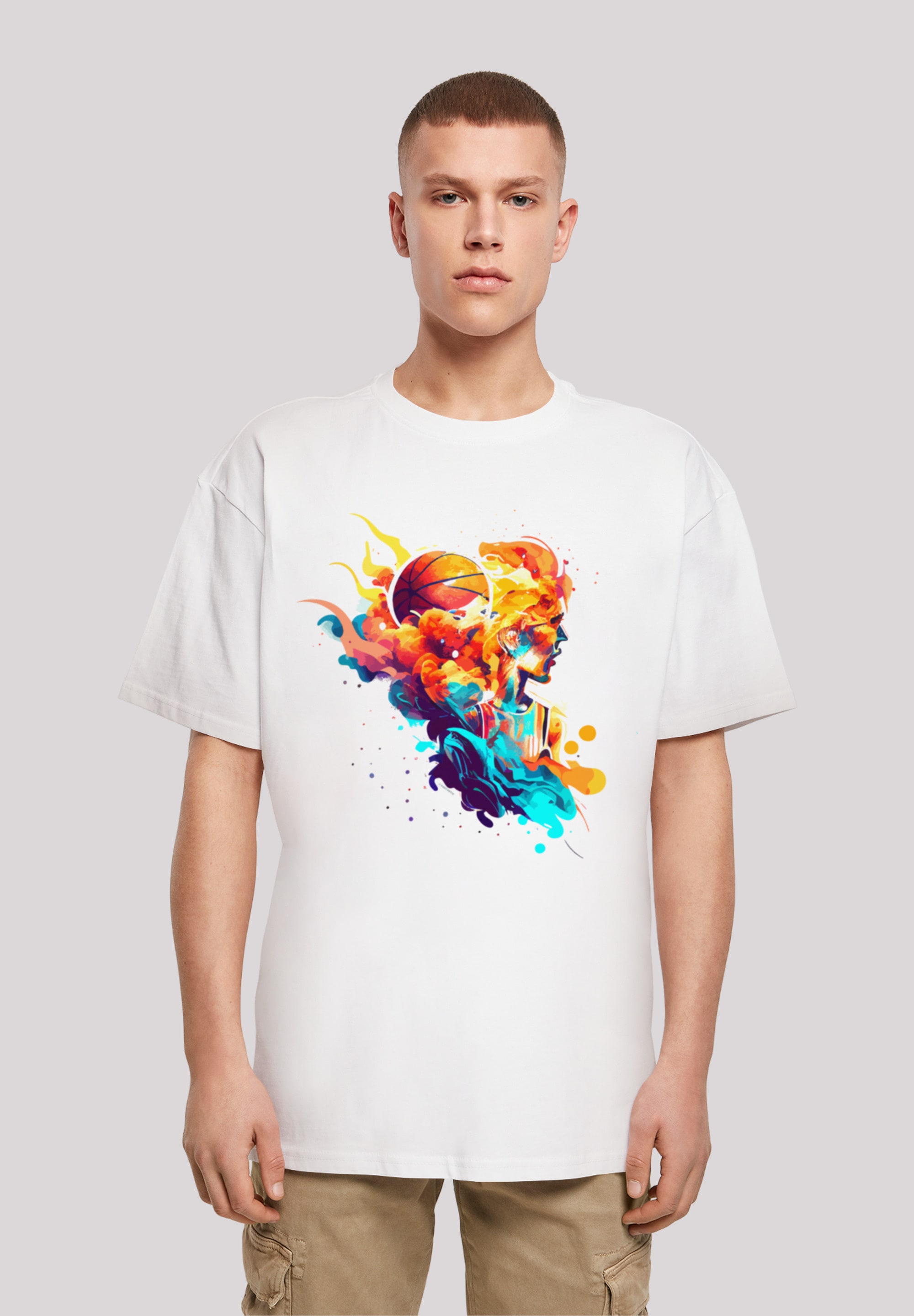 T-Shirt F4NT4STIC "Basketball Sport Player OVERSIZE TEE", Herren, Gr. XXL, weiß, Obermaterial: 100% Baumwolle, oversize, Rundhals, ohne Bündchen, Shirts, Print Image