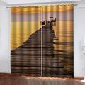 Boys Girls Bedroom Blackout Curtains 3D Evening Wooden Bridge Sea View Digital Print Thermal Insulated Soft Drapes Energy Saving Eyelet Ring Top Curtains For Living Room Decoration 2 Panels 82X63 Inch