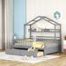 Full Size Creativity House Bed Wooden Storage Bed with 2 Storage Drawers and Storage Shelf, Fence-Shaped Guardrail Bed