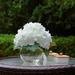 Enova Home Hydrangea Artificial Flowers in Round Glass Vase with Faux Water Silk Flower Arrangements in Vase for Home Decor Wedding Table Cream