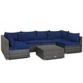 7PCS Patio Rattan Furniture Set Sectional Sofa Cushioned Garden Navy