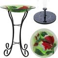 Hand-Painted Glass Bowl Bird Bath w/Solar Fountain Green