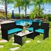 Gymax 4PCS Rattan Outdoor Conversation Set Patio Furniture Set w/ Turquoise Cushions