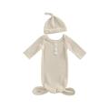 Binwwede Newborn Baby Waffle Knit Swaddle Infant Round Neck Long Sleeve Button Decor Chest Loose Hem Blanket Wrap Hat