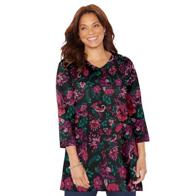 Plus Size Women's Easy Fit 3/4 Sleeve V-Neck Tee by Catherines in Black Floral (Size 4X)