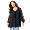 Plus Size Women's Lace and Georgette Rhinestone Top. by Roaman's in Black (Size 14 W)