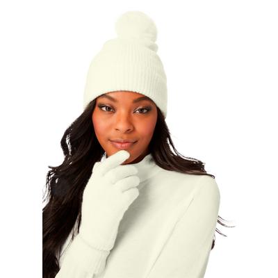 Plus Size Women's Faux Fur-Lined Beanie Hat and Glove Set. by Accessories For All in Ivory