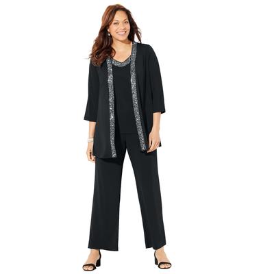 Plus Size Women's Beaded 3-Piece Cardigan Pant set by Catherines in Black (Size 26 W)