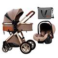 Baby Stroller Carriage 3 in 1 Infant Pram Pushchair for Newborn and Toddler,Newborn Reversible Bassinet Pram,Adjustable High View Luxury Baby Pram Stroller with Rain Cover (Color : Khaki)