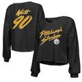 Women's Majestic Threads T.J. Watt Black Pittsburgh Steelers Name & Number Off-Shoulder Script Cropped Long Sleeve V-Neck T-Shirt