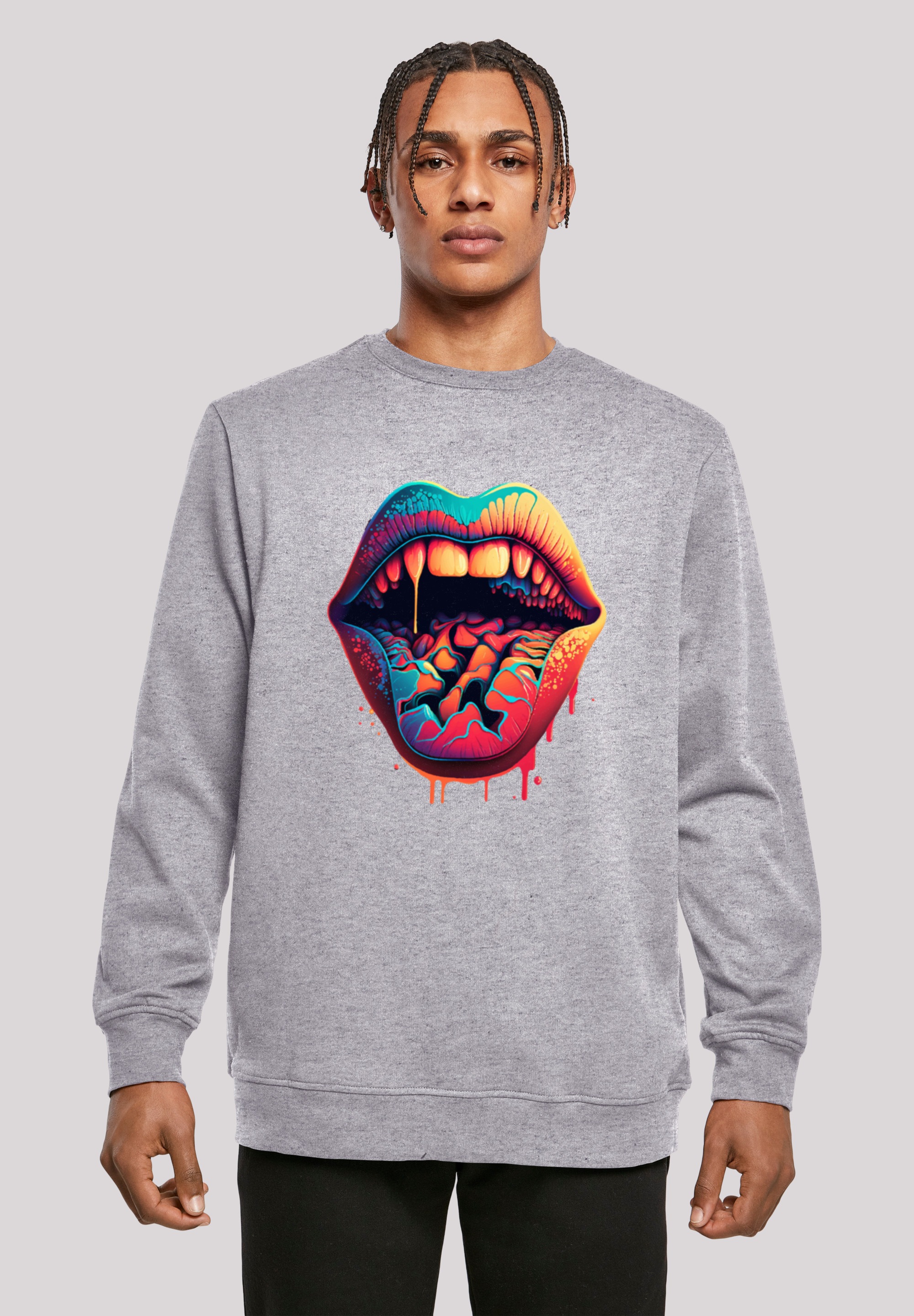 Kapuzenpullover F4NT4STIC "Drooling Lips CREW", Herren, Gr. 3XL, grau (erdgrau), Obermaterial: 50% Baumwolle, 50% Polyester, relaxed fit, Rundhals, Pullover, Print Image