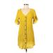 Umgee Casual Dress - Mini V Neck Short sleeves: Yellow Solid Dresses - Women's Size Medium