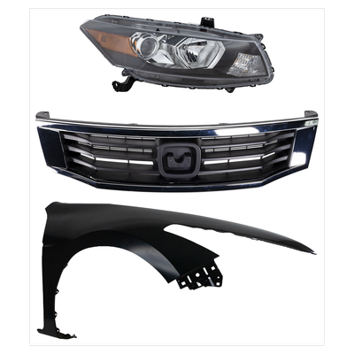 2009 Honda Accord 3-Piece Kit Passenger Side Headlight with Fender and Grille, with Bulb, Halogen, Coupe (2008-2010 Style), With Amber Turn Signal Light