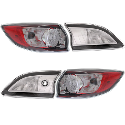 2010 Mazda 3 Driver and Passenger Side, Inner and Outer Tail Lights, with Bulb, Inner - Halogen, Outer - LED, Mounted On Body, LED Type Mounted On Body, 4-Door, Hatchback, LED Type