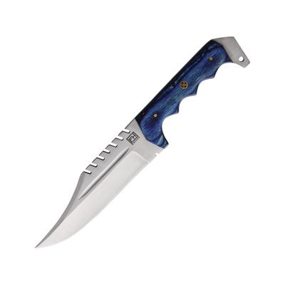 FH Knives Blue Wood Bowie Knife 11.75in Overall 6.5in Satin Sawback SS Bowie Blade Blue Pakkawood Handle Leather Sheath CUPBOWIE-002