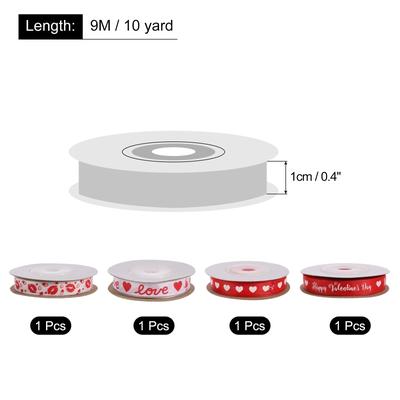 4 Roll Valentine Ribbons 10 Yards 0.4" Grosgrain Ribbon Heart LOVE Red Lips - Red, White