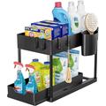 2 Tier Under Sink Organizers and Storage Pull Out Sliding Drawer Under Sliding Cabinet Basket Organizers with 4 Hook 1 Cup Kitchen Bathroom Sink Shelf Storage Rack for Countertop Laundry Black