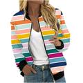 CZHJS Long Sleeve Outwear Spring Trendy Stand up Collared Baseball Bomber Women s Rainbown Color Block Fashion Clothing Loose Fall Tops Casual Oversized Zip up Lightweight Jacket White XXL Shirts