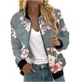 CZHJS Oversized Zip up Lightweight Jacket Women s Floral Printing Fashion Clothing Loose Long Sleeve Outwear Spring Casual Baseball Bomber 2023 Trendy Fall Tops Stand up Collared Gray M Shirts