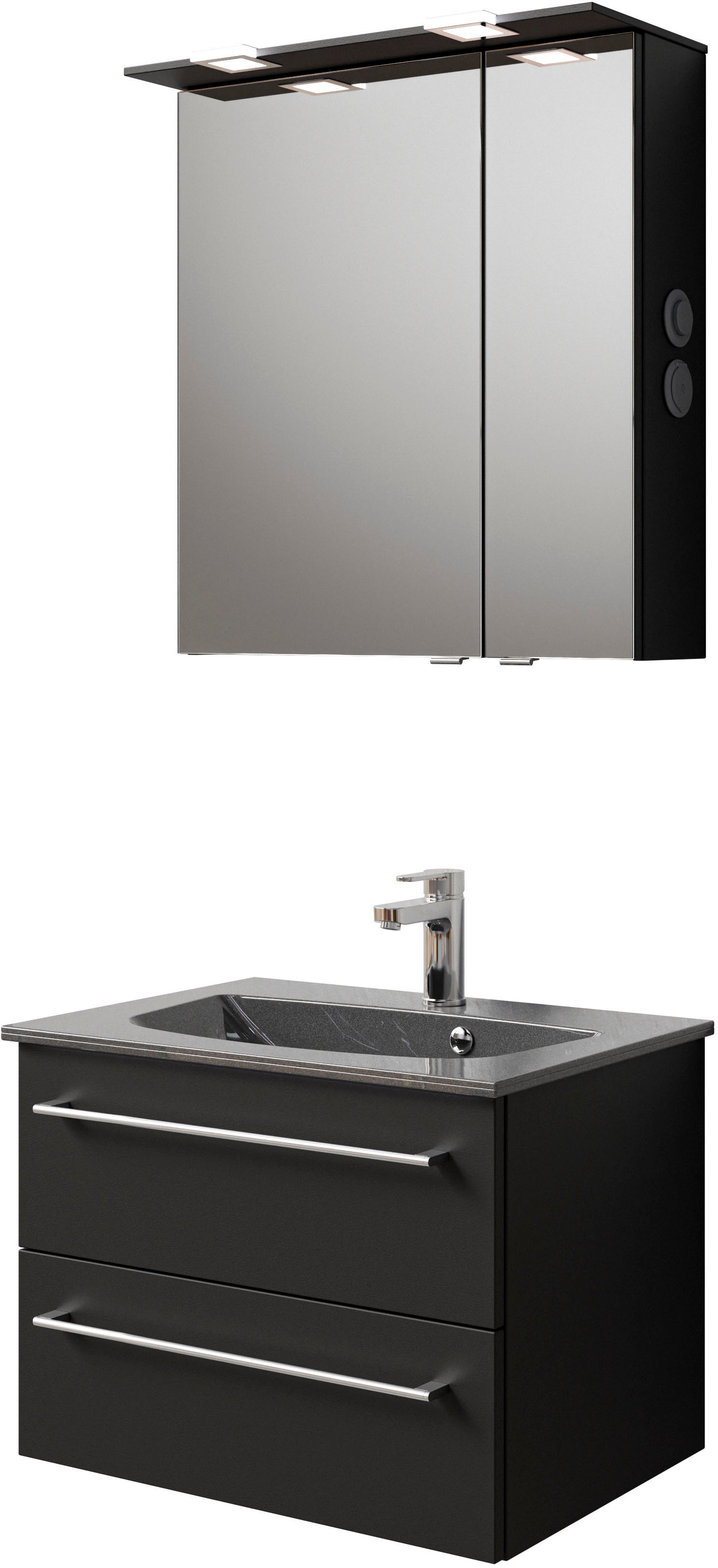 Badmöbel-Set SAPHIR "Serie 6025 2-teilig Mineralmarmor-Waschtisch mit LED-Spiegelschrank", schwarz (schwarz matt select), B:67cm H:200cm T:48cm, Spanplatte, Kastenmöbel-Sets, Waschplatz 67 cm breit, 2 Schubladen, 2 Spiegel-Türen, inkl Türdämpfer Image