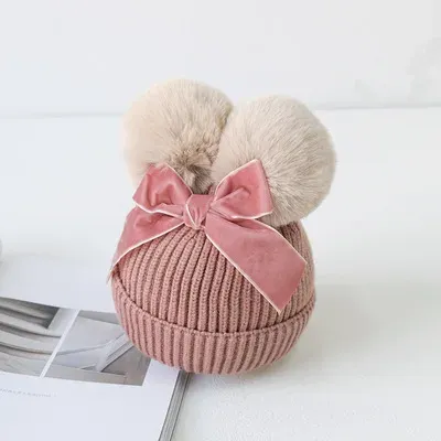 Pudcoco – Bonnet tricoté à Double pompon pour bébé chapeau chaud et plus épais pour enfant
