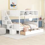 Designs White Bunk Beds Twin Over Full with Storage Staircase and 2 Drawers, Wooden Bunk Bed Frame with 4 Storage Shelves