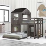 Twin Over Full Bunk Bed Frame with Roof and Windows Design, Twin Over Full Bunk Bed with Ladder and Guardrails, Antique Gray