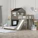 Twin Over Full Bunk Bed Wooden Loft Bed with Playhouse, Farmhouse, Ladder, Slide&Guardrails,No Spring Box Required, Antique Gray