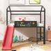 Twin Size Low Loft Bed with 2-Sided Writable Wood Board, Metal House Bedframe with Slide & Ladder for Imaginative Kids Bedrooms