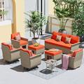 Ovios 8 Pieces Outdoor Patio Furniture Set Wicker Swivel Chair with Storage Box & Orange Red Cushion