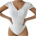 REORIAFEE Womens Bodysuits V Neck Short Sleeve Romper Solid Color Womens Romper Pants Lace Deep Backless One Piece Tights Womens Jumpsuits Dressy Wedding Guest White M