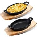 Mifoci 2 Sets Cast Iron Skillet with Wooden Base Mini Cast Iron Fajita Plates Cast Iron Baker's Skillet Matte Black Small Cast Iron Pan for Kitchen Restaurant Barbecue Dinner (8.7 x 4.7 x 1.6 Inches)