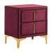 Bios 24 Inch Nightstand, 2 Drawers, Red Vegan Faux Leather, Gold Accents