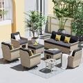 Ovios 8 Pieces Outdoor Patio Furniture Set Wicker Swivel Chair with Storage Box & Black Cushion