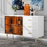 Mercer41 Niketh Modern Sideboard Buffet Cabinet Marble Sticker Tabletop & Tempered Glass Doors Wood in Brown | Wayfair