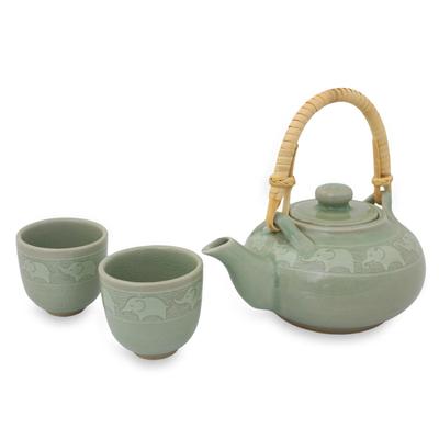 Celadon ceramic tea set, 'Warm Elephants' (set for 2)
