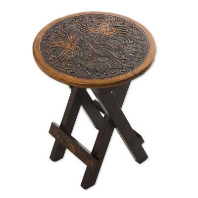 Mohena wood and leather folding table, 'Bird of Paradise'