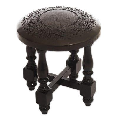 Cedar and leather accent stool, 'Colonial Guard'