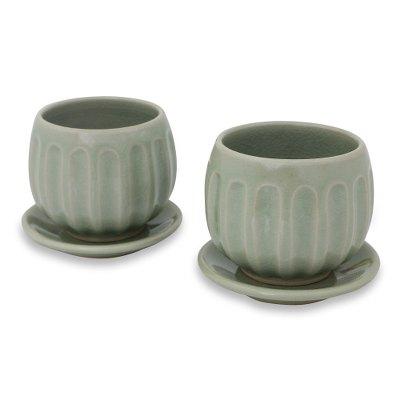 Celadon ceramic teacups and saucers, 'Thai Jade' (pair)