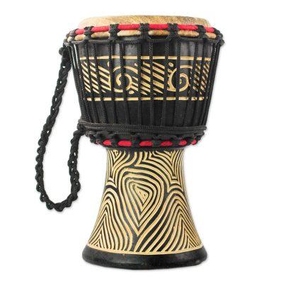 Contours of Music,'Wood Mini Djembe Drum with Line...