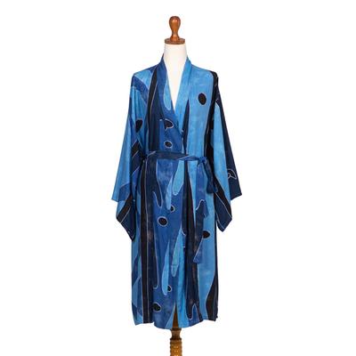 Cerulean Ocean,'Rayon Batik Robe with Blue Abstrac...