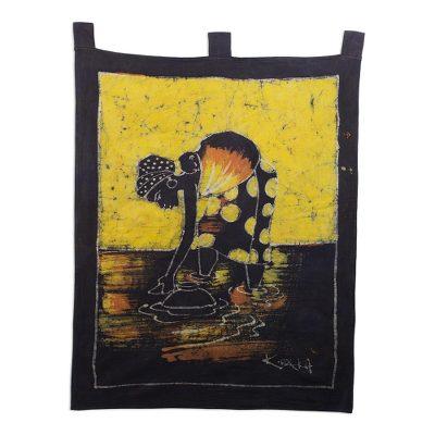 Woman at the Lake,'Batik Cotton Wall Hanging of a Woman from Ghana'