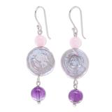 Cotton Candy Sea,'Cultured Pearl and Rose Quartz Dangle Earrings'