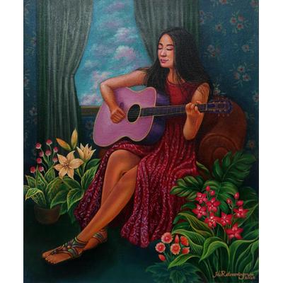 Niluh's Guitar,'Signed Original Javanese Painting of a Woman and Her Guitar'