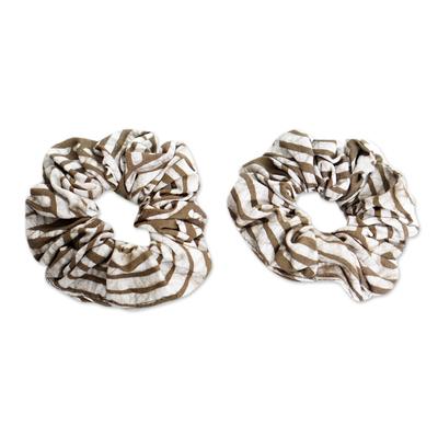 Thankful Olive,'Pair of Green and White Patterned Cotton Scrunchies'