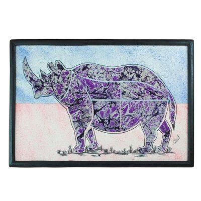 Rhino at Dusk,'Purple Batik Look Fabric Collage Rhino Wall Art'