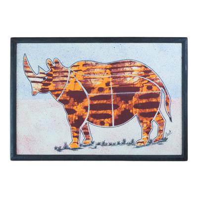 Golden Rhino,'Golden Brown Batik Fabric Collage Rhino Wall Art'